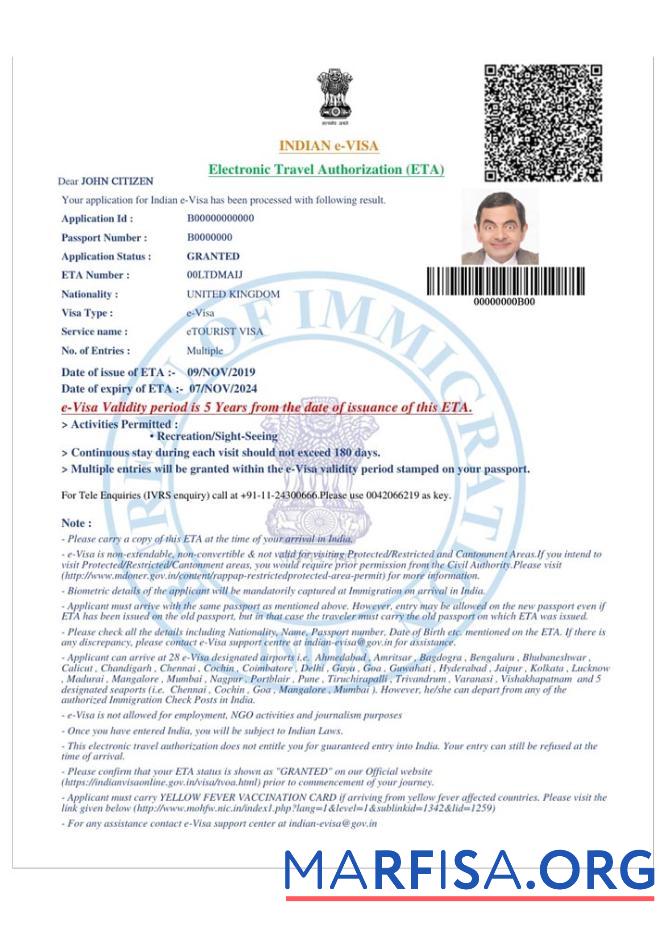 Realistic India e visa real example